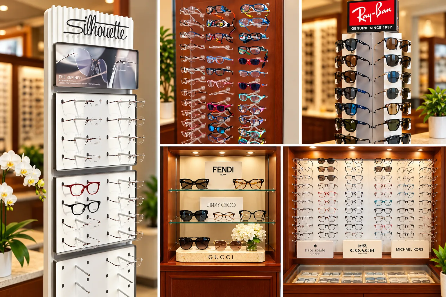 Optical displays of thin and rimless frames, colorful kids and sports frames, Ray-Ban sunglasses, and designer frames
